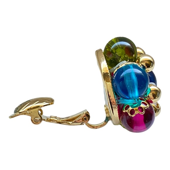 Signed Trifari Jewel-Toned Glass Bead Clip Earrings - Picture 8 of 12